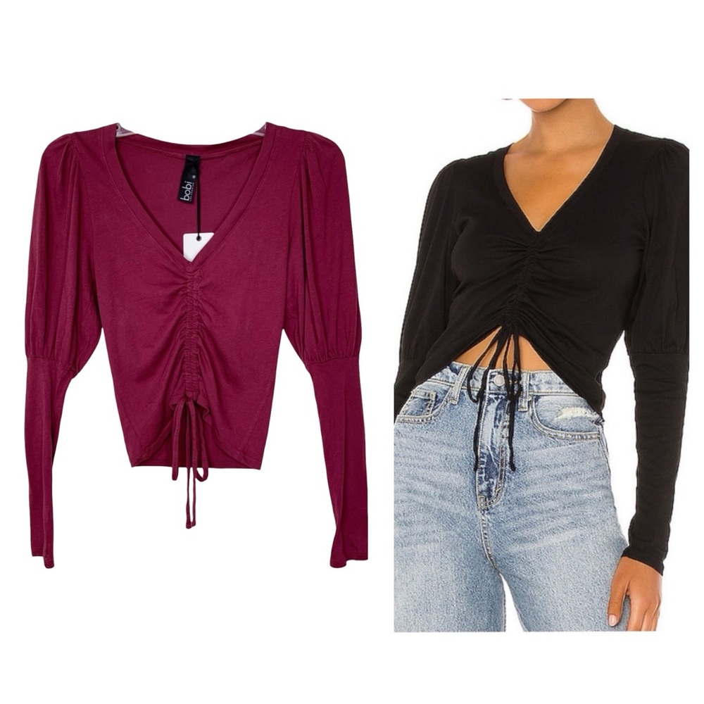 Bobi Lightweight Jersey Ruched Long Sleeve Top in Burgundy Size S
